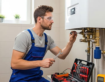 Ein Handwerker arbeitet an einer Gasheizung.